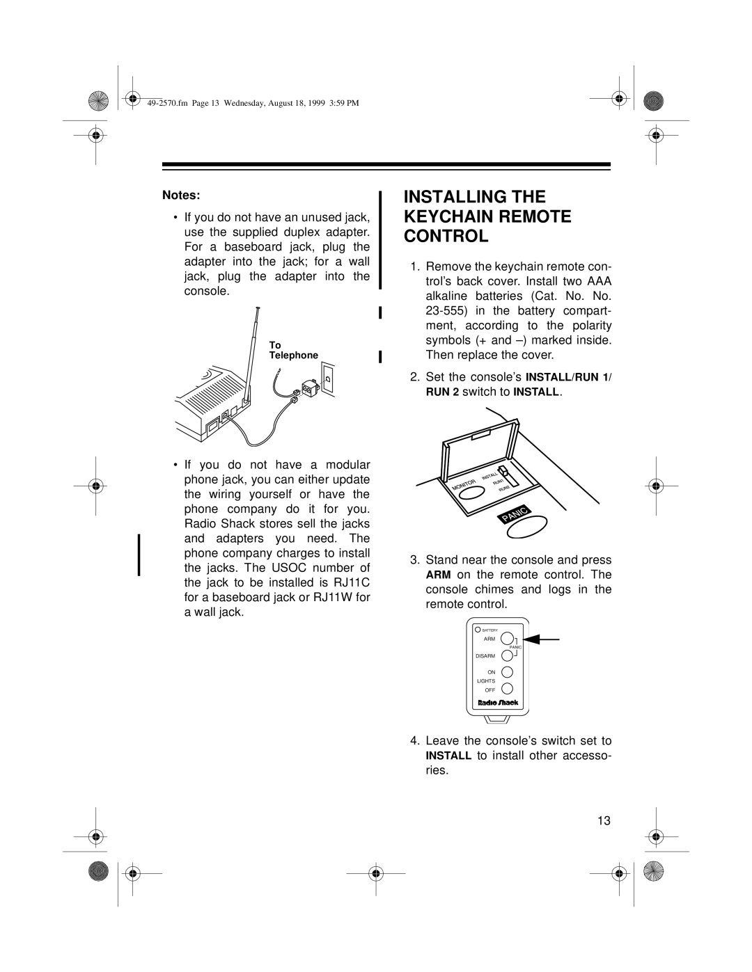 Radio Shack 49-2570 owner manual Installing The Keychain Remote Control 
