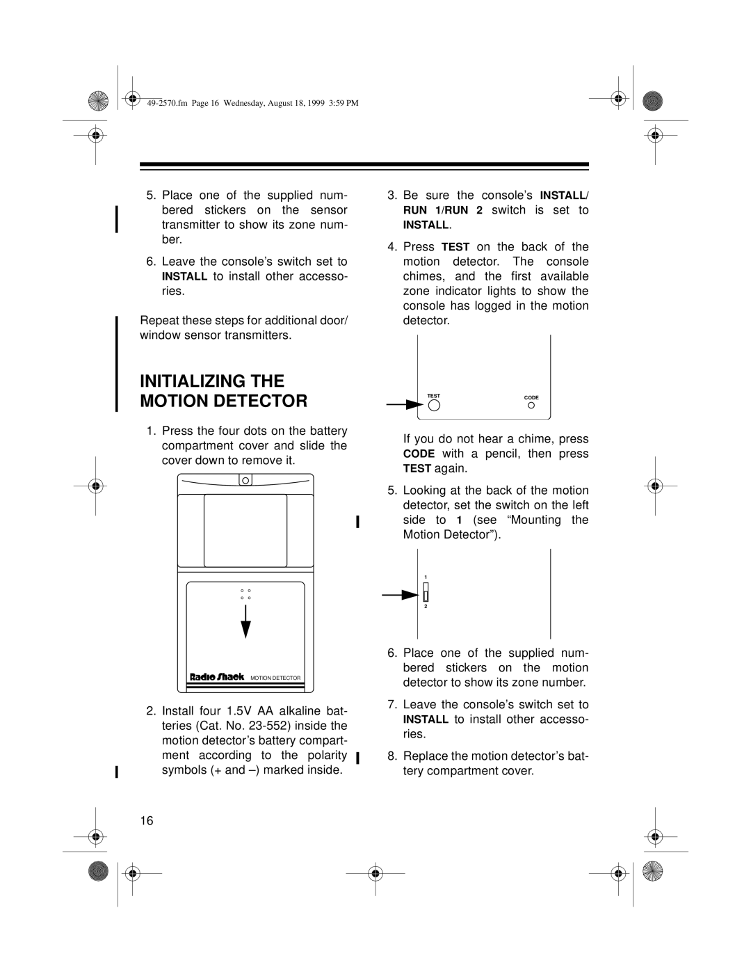 Radio Shack 49-2570 owner manual Initializing The Motion Detector 
