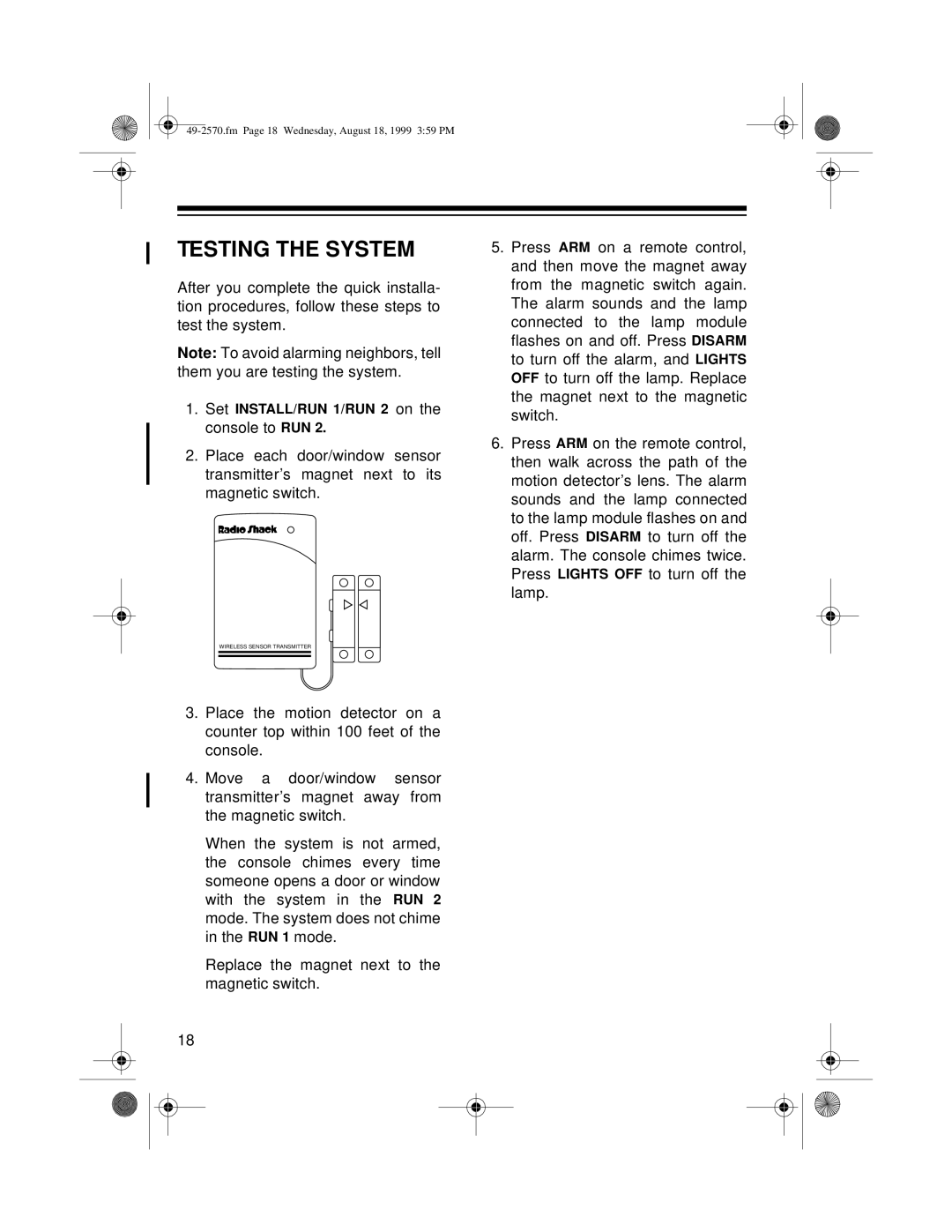 Radio Shack 49-2570 owner manual Testing The System 