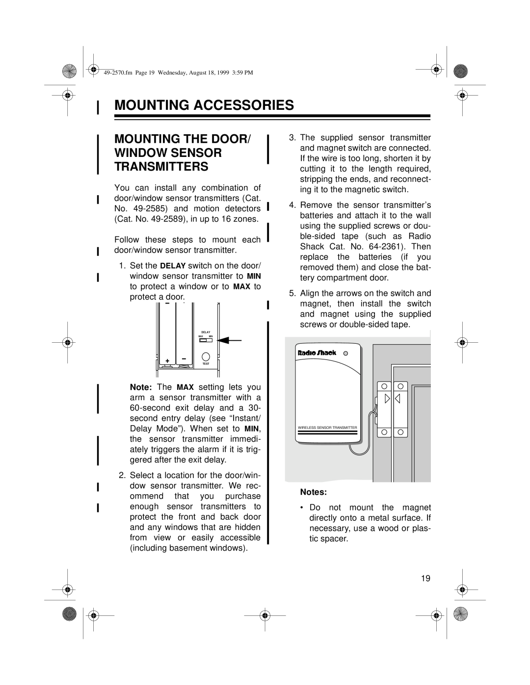 Radio Shack 49-2570 owner manual Mounting Accessories, Mounting The Door/ Window Sensor Transmitters 