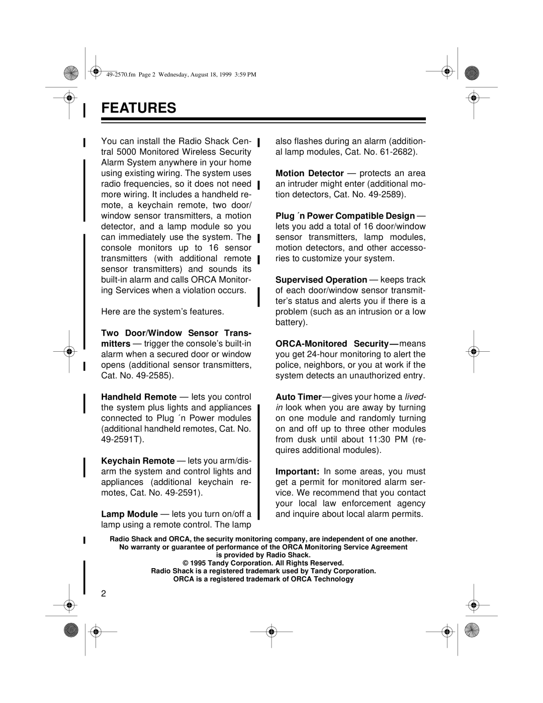 Radio Shack 49-2570 owner manual Features 