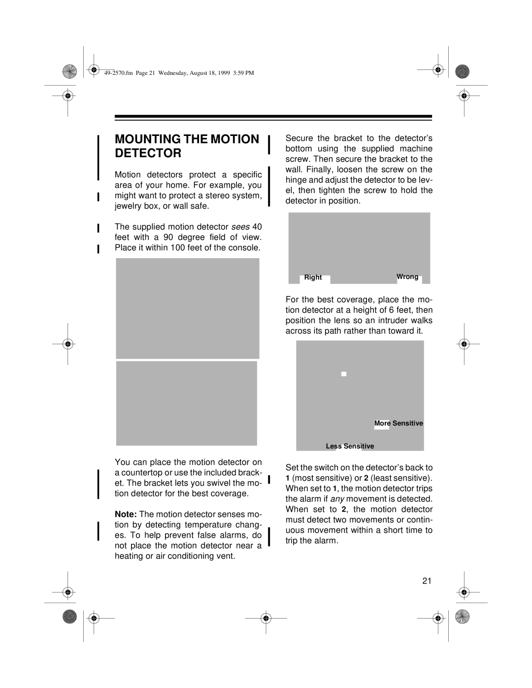 Radio Shack 49-2570 owner manual Mounting The Motion Detector 