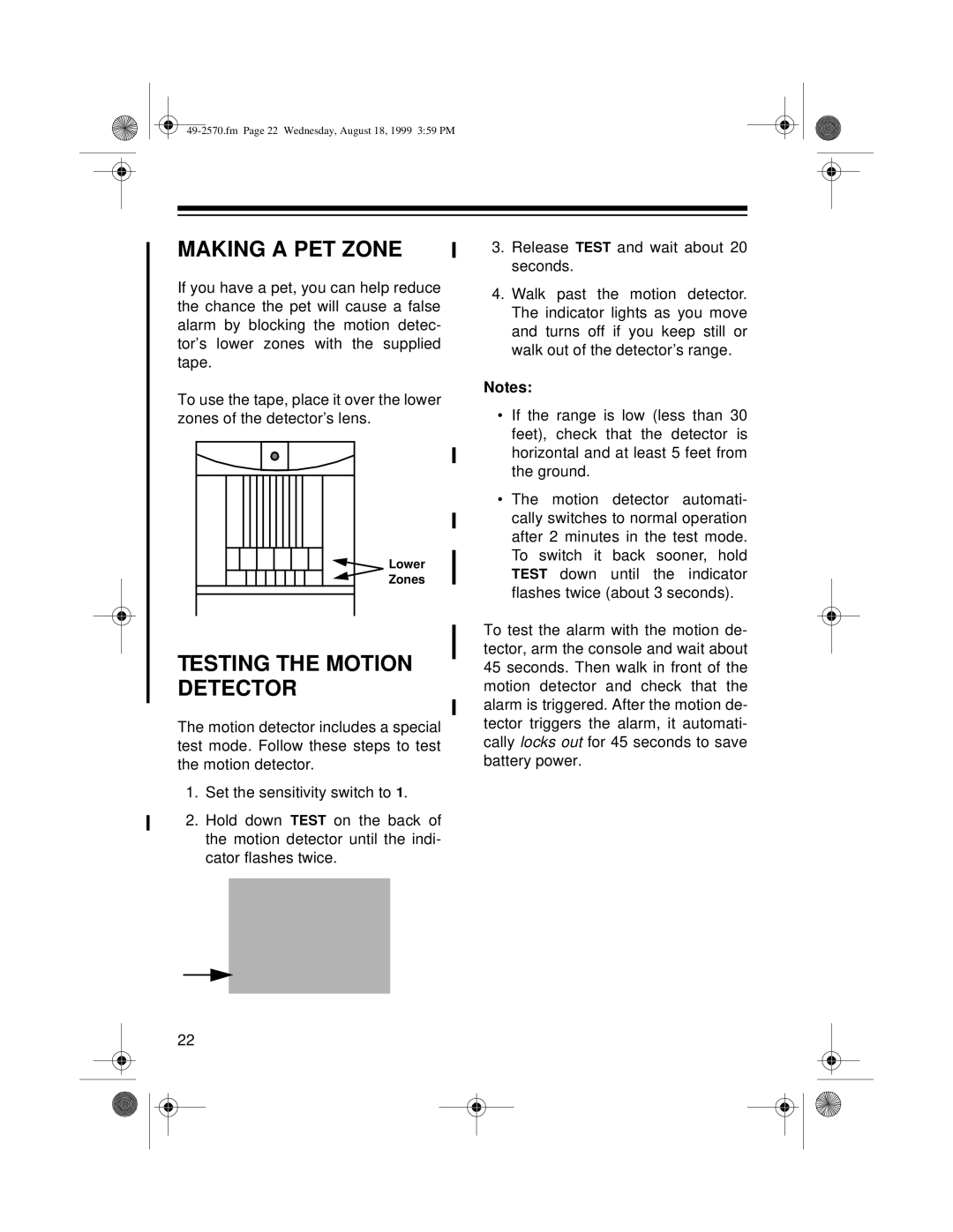Radio Shack 49-2570 owner manual Making A Pet Zone, Testing The Motion Detector 
