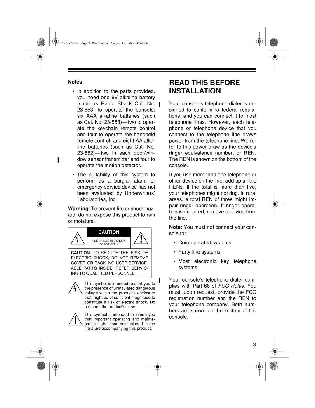 Radio Shack 49-2570 owner manual Read This Before Installation 