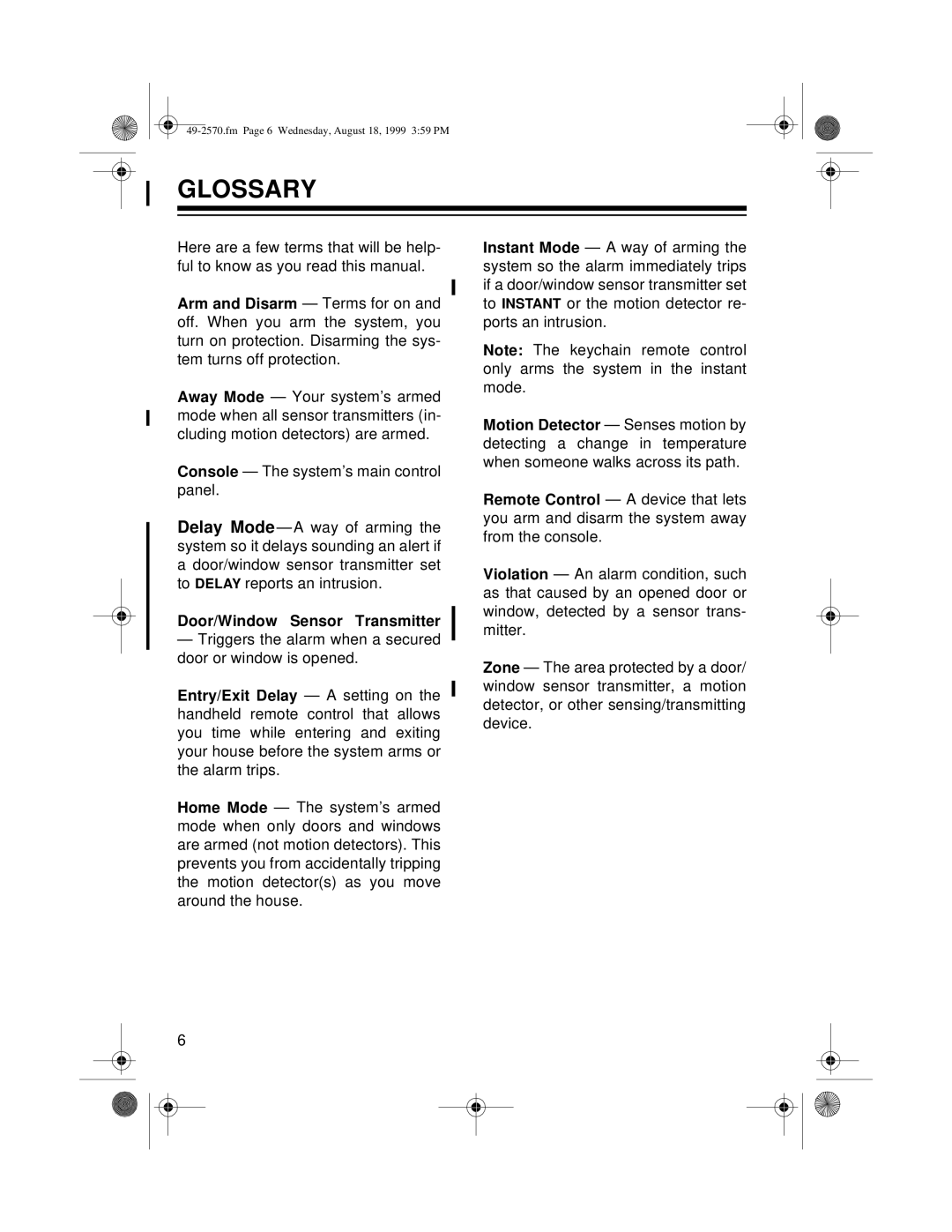 Radio Shack 49-2570 owner manual Glossary, Door/Window Sensor Transmitter 