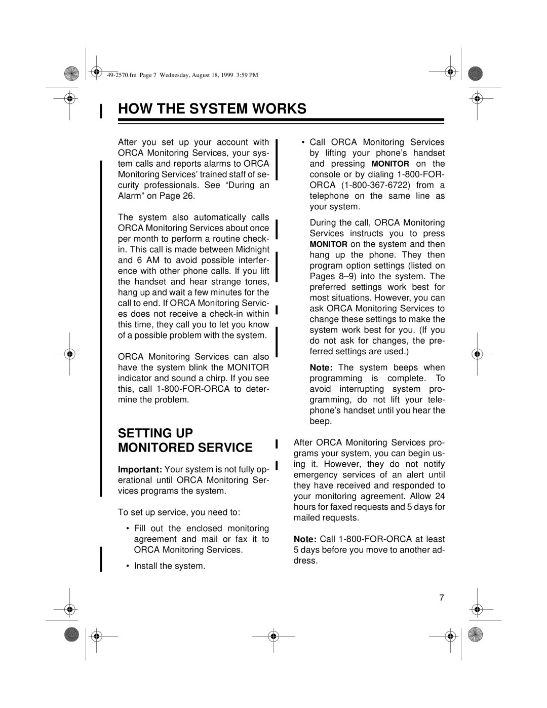 Radio Shack 49-2570 owner manual How The System Works, Setting Up Monitored Service 