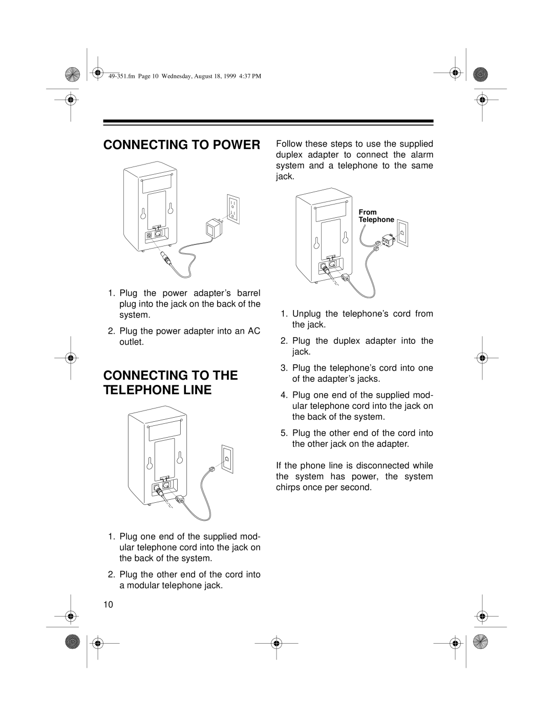 Radio Shack 49-351 owner manual Connecting to the Telephone Line 