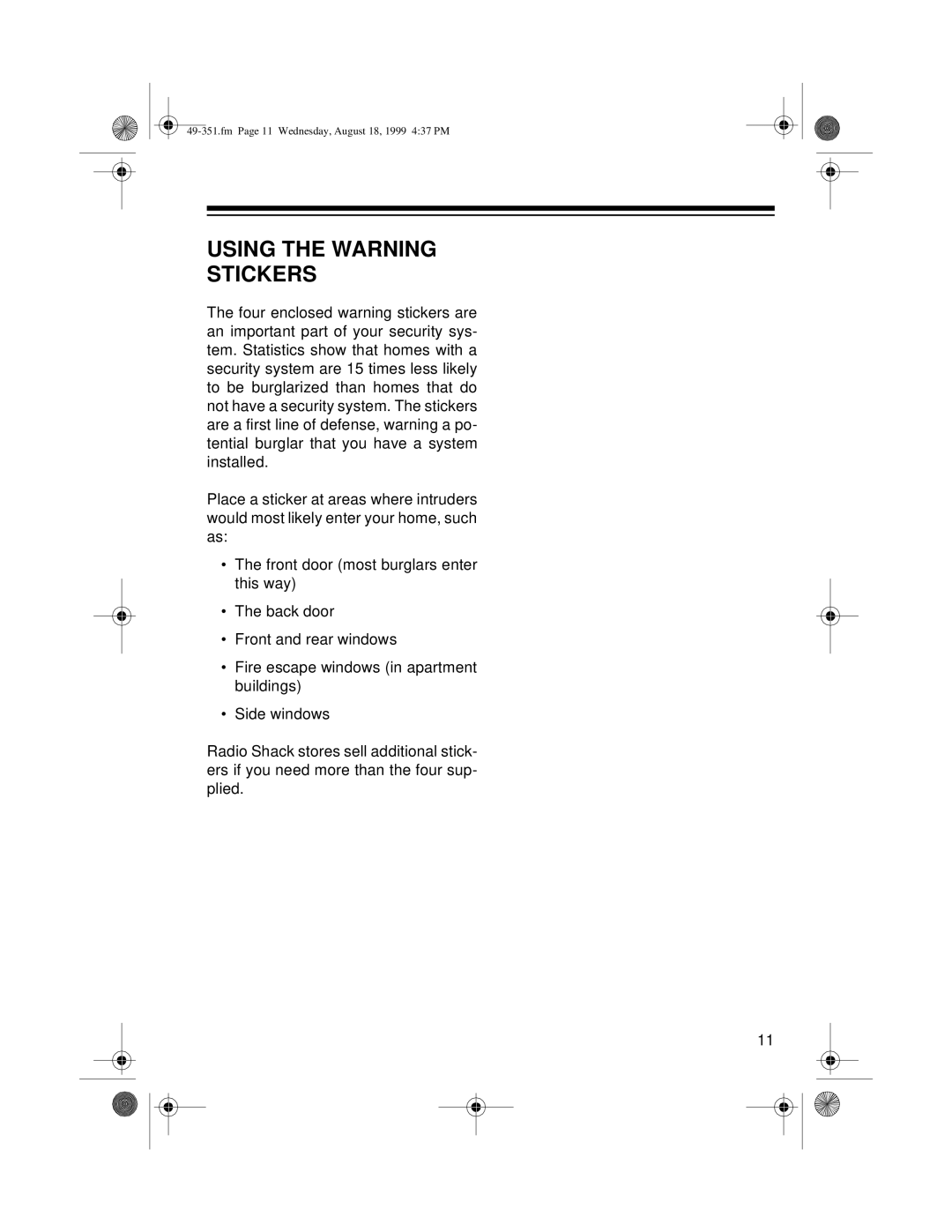 Radio Shack 49-351 owner manual Using the Warning Stickers 