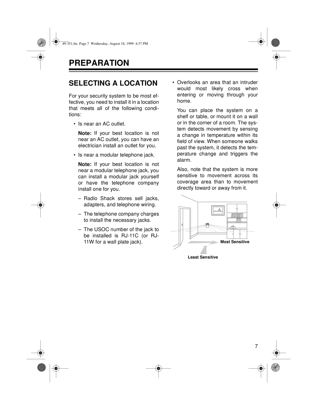 Radio Shack 49-351 owner manual Preparation, Selecting a Location 