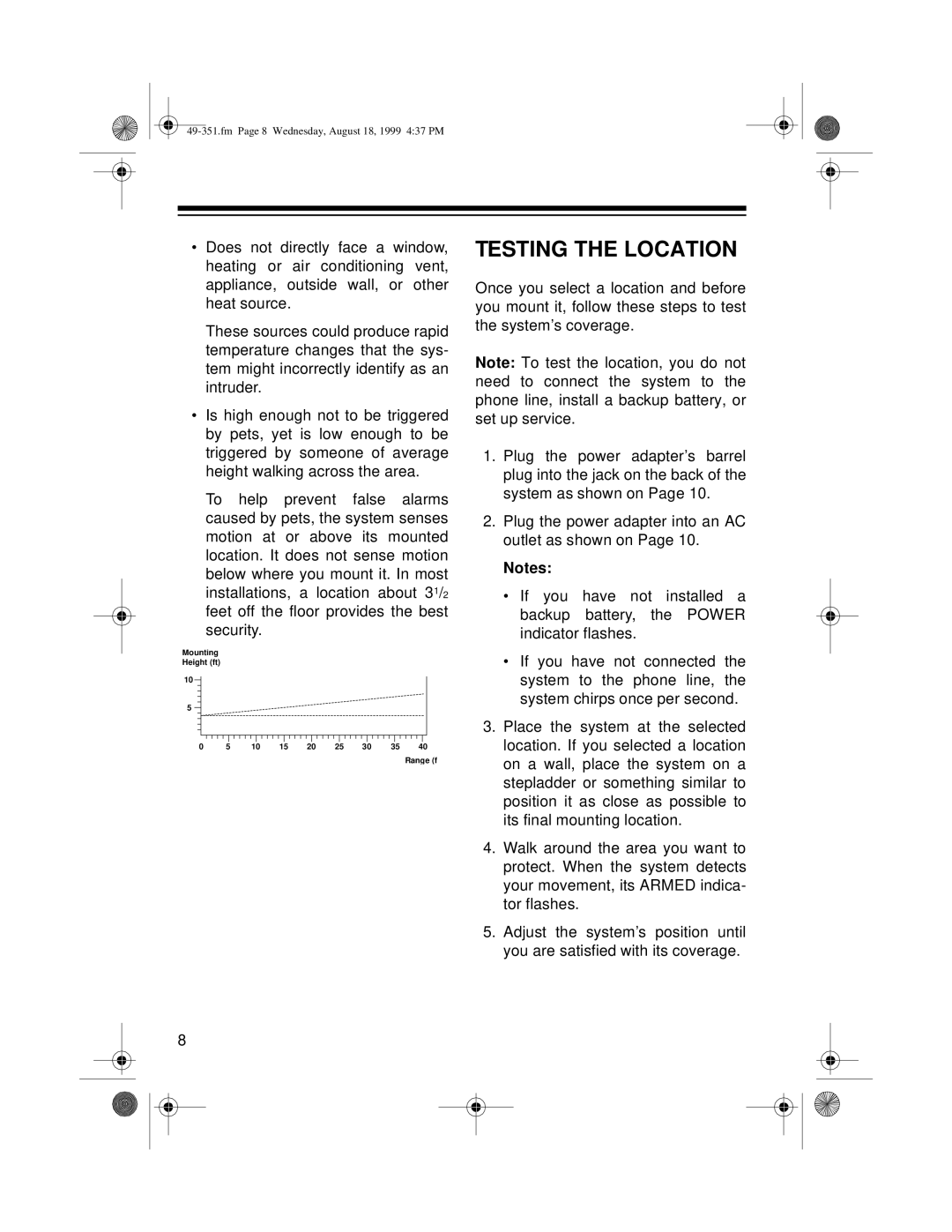 Radio Shack 49-351 owner manual Testing the Location 