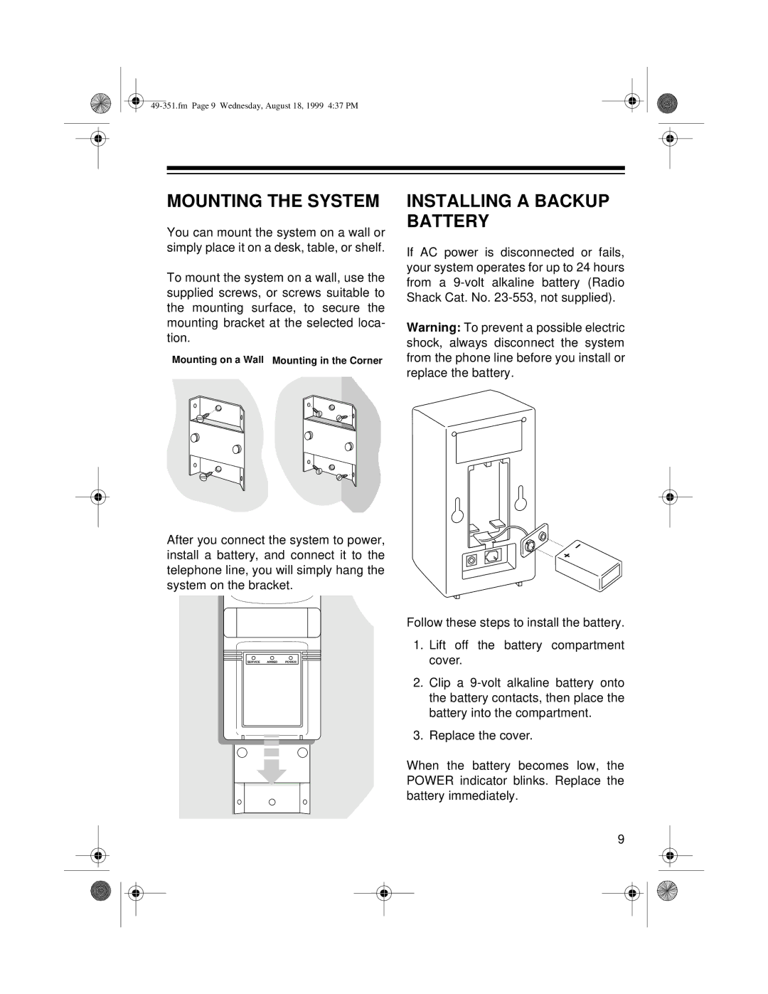 Radio Shack 49-351 owner manual Mounting the System, Installing a Backup Battery 