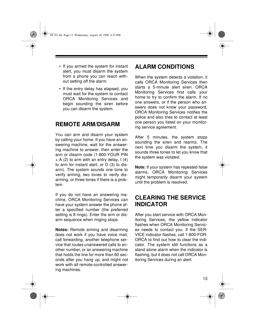 Radio Shack 49-351 owner manual Remote Arm/Disarm, Alarm Conditions, Clearing The Service Indicator 