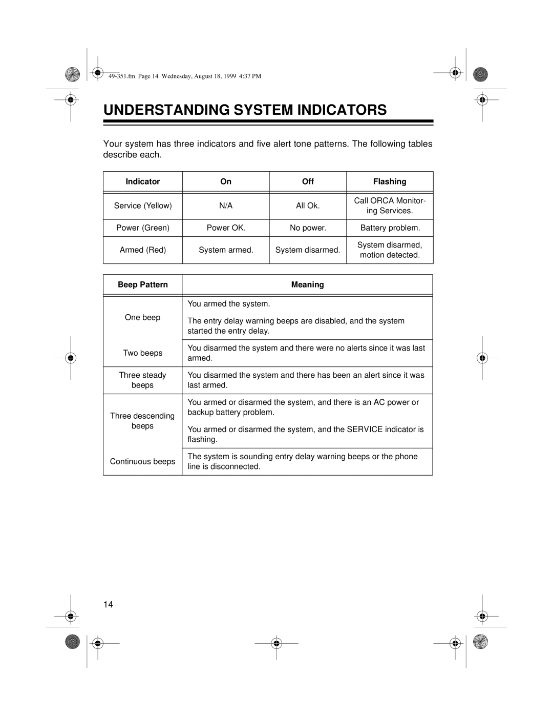 Radio Shack 49-351 owner manual Understanding System Indicators, Flashing, Beep Pattern, Meaning 