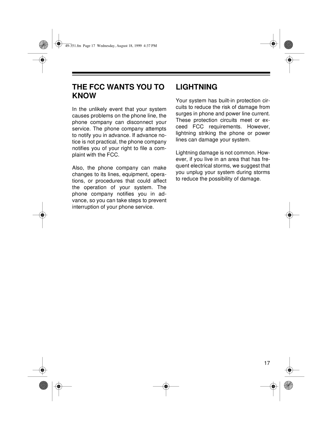 Radio Shack 49-351 owner manual The Fcc Wants You To Know, Lightning 