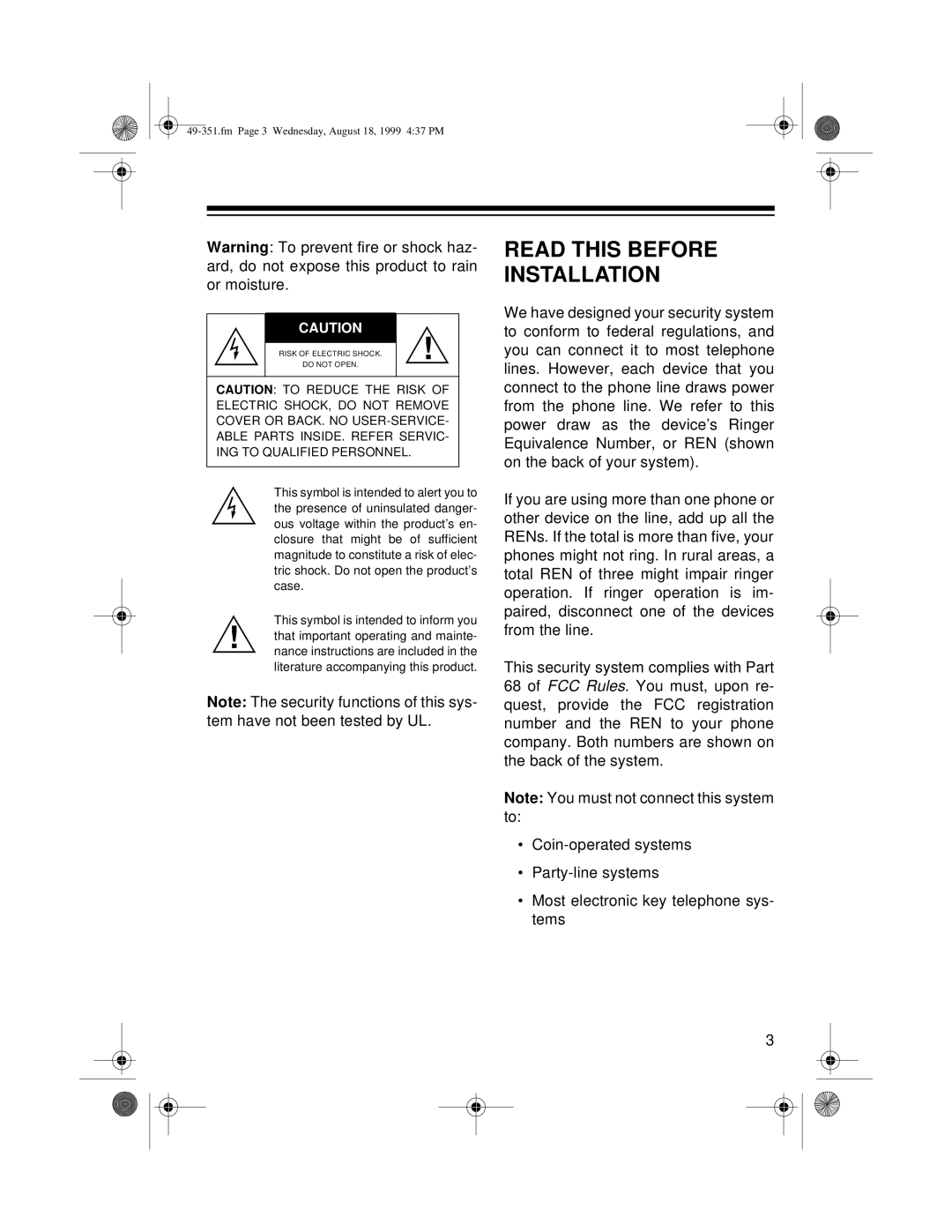 Radio Shack 49-351 owner manual Read This Before Installation 