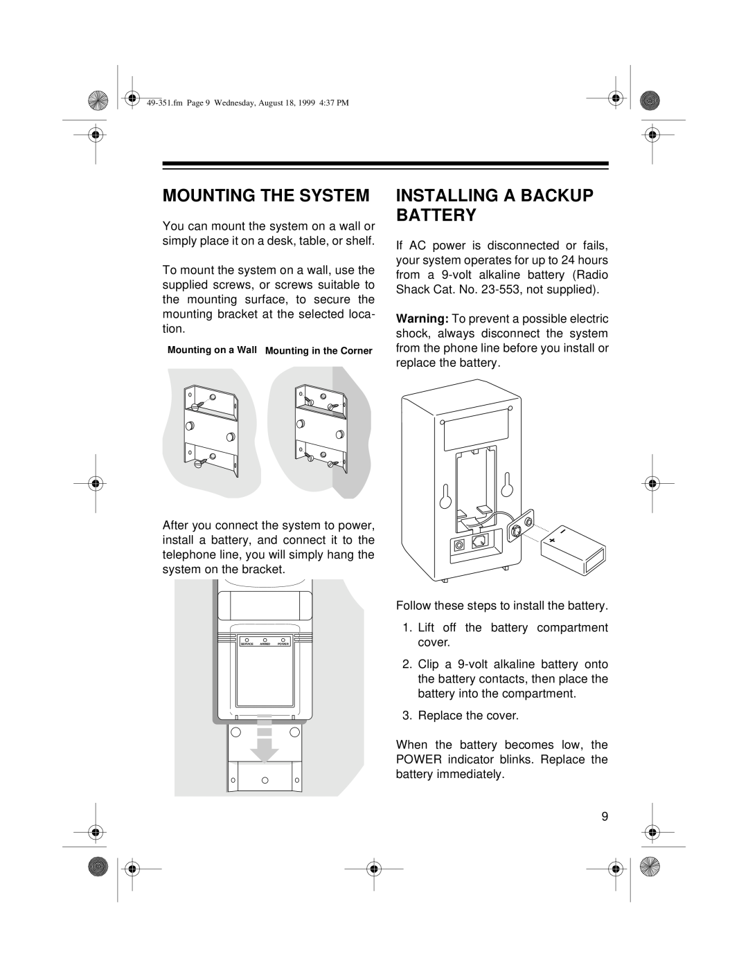Radio Shack 49-351 owner manual Mounting The System, Installing A Backup Battery 
