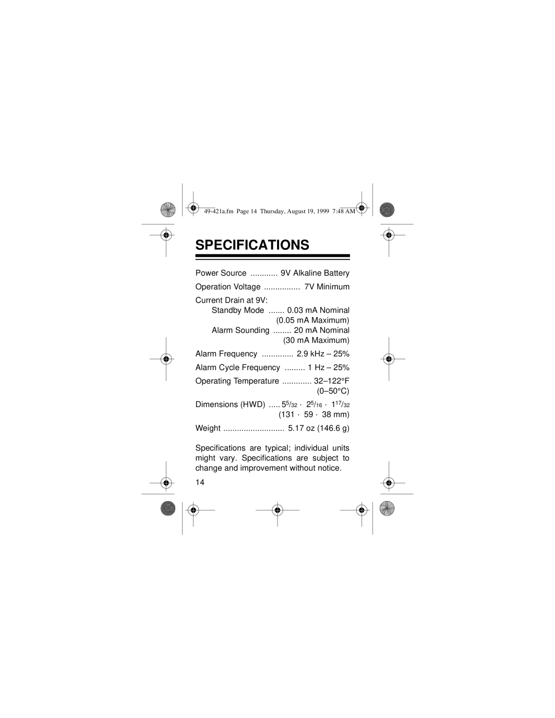 Radio Shack 49-421A owner manual Specifications 