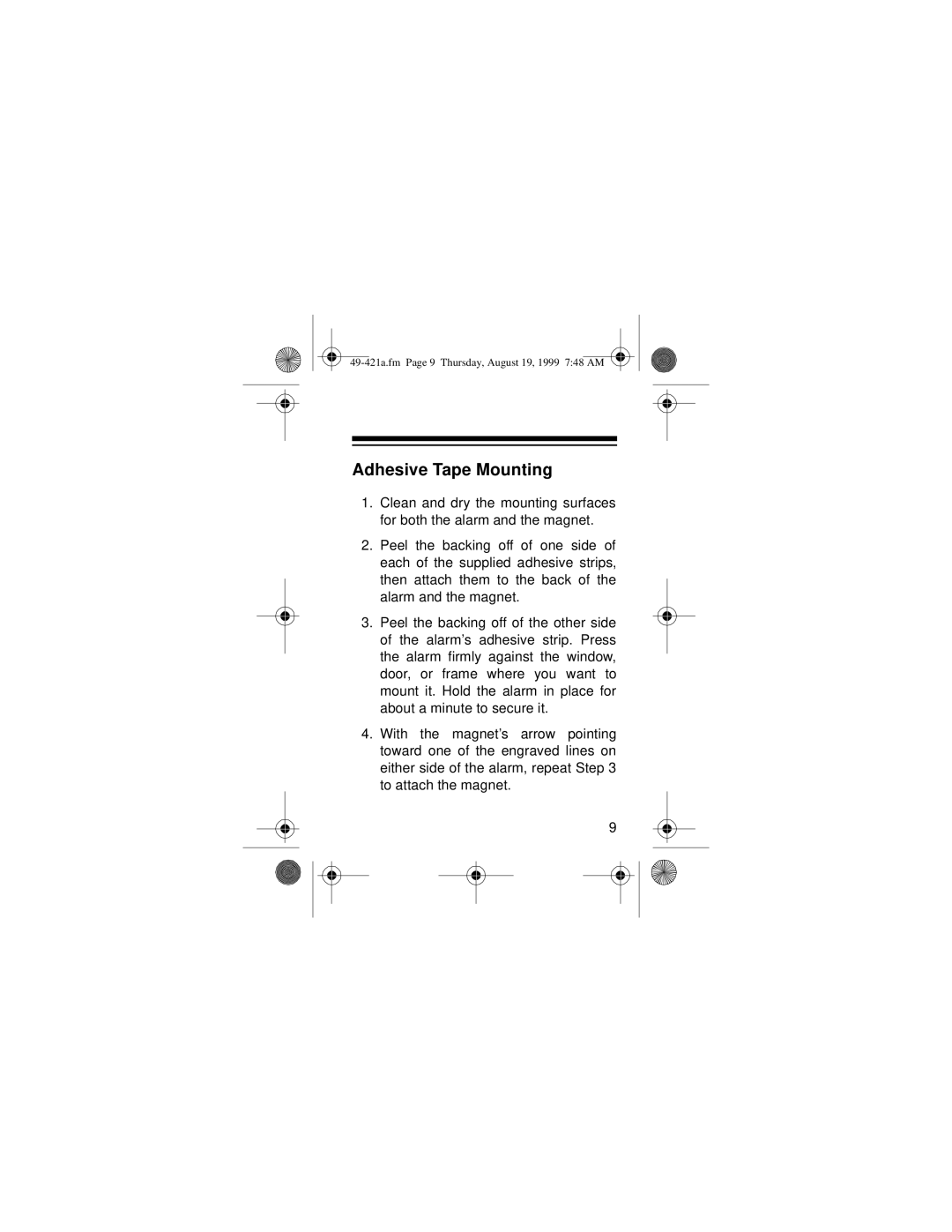 Radio Shack 49-421A owner manual Adhesive Tape Mounting 