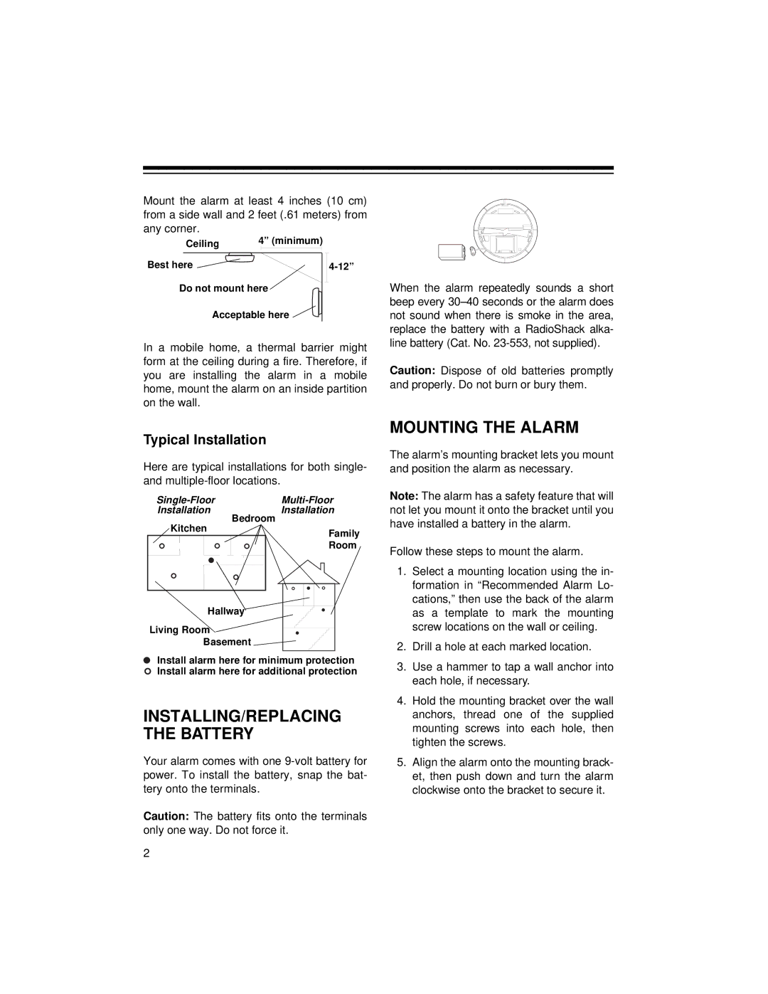 Radio Shack 49-467A manual INSTALLING/REPLACING the Battery, Mounting the Alarm 