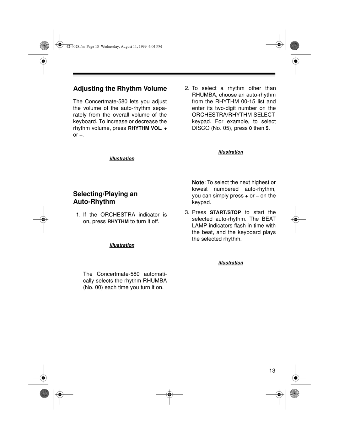 Radio Shack 580 owner manual Adjusting the Rhythm Volume, Selecting/Playing an Auto-Rhythm 