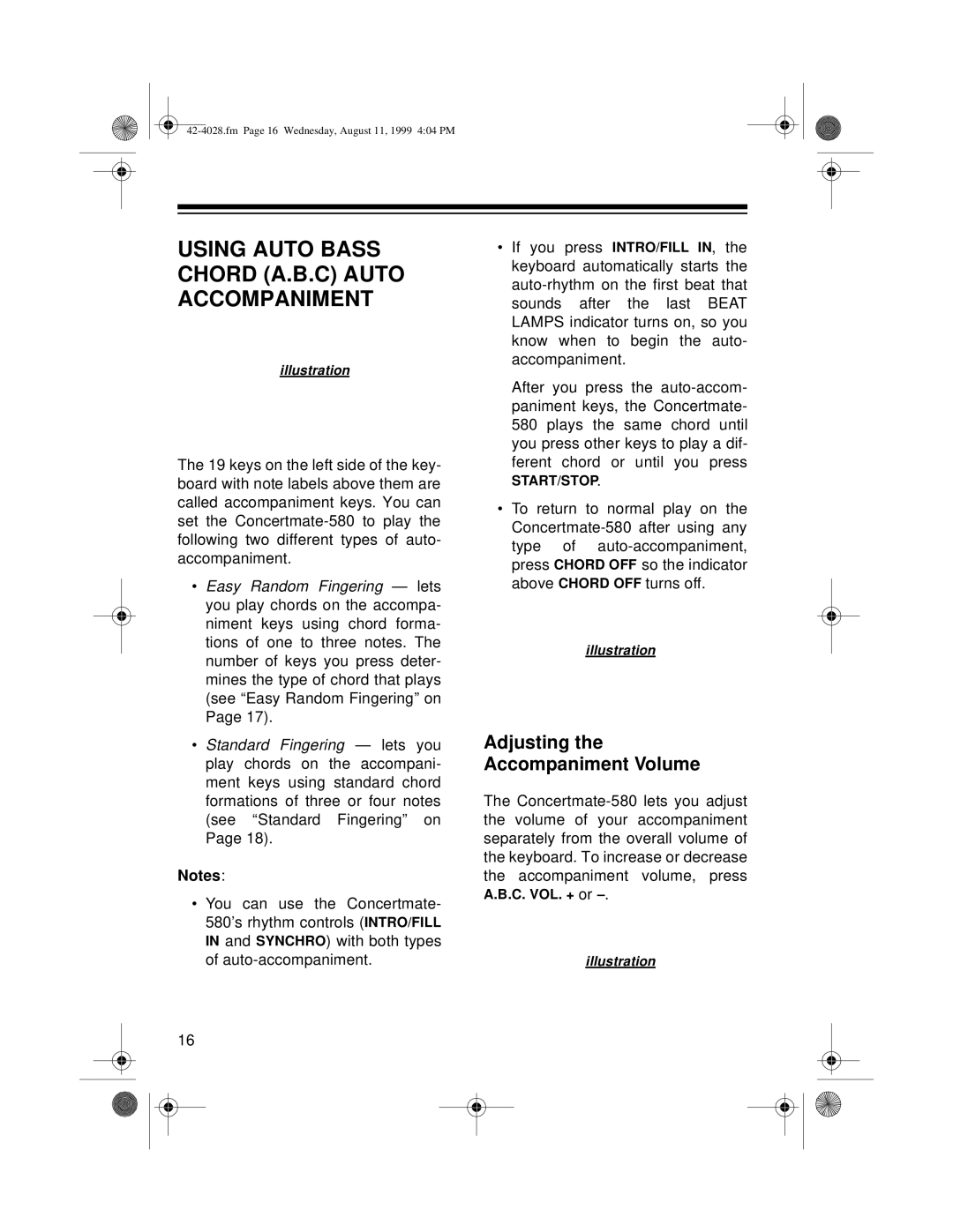 Radio Shack 580 owner manual Using Auto Bass Chord A.B.C Auto Accompaniment, Adjusting the Accompaniment Volume 