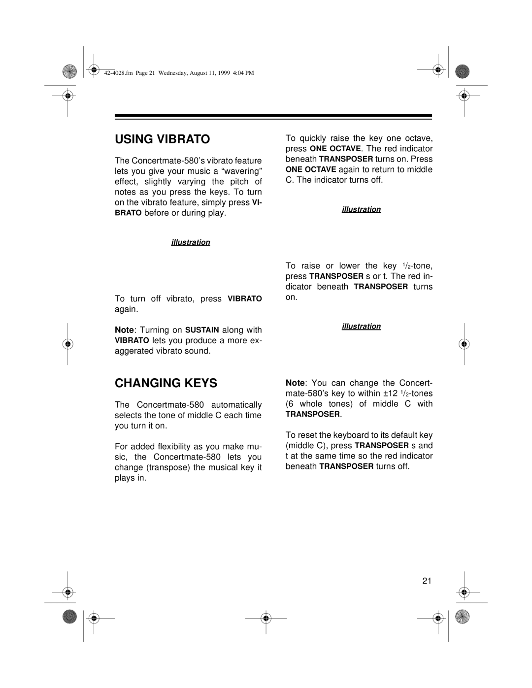 Radio Shack 580 owner manual Using Vibrato, Changing Keys 