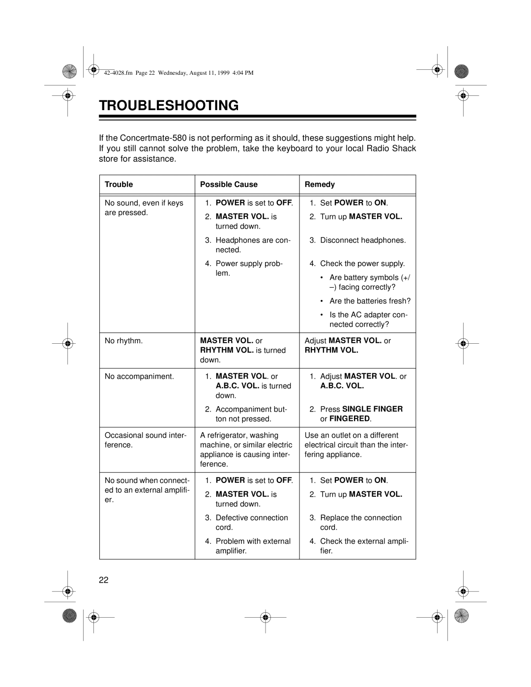 Radio Shack 580 owner manual Troubleshooting, Master VOL. is Turn up Master VOL 