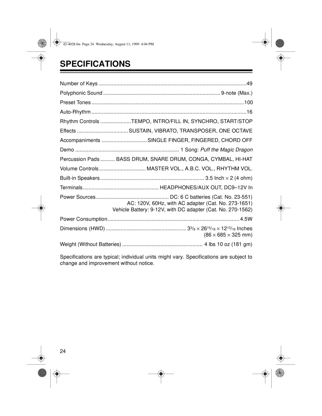 Radio Shack 580 owner manual Specifications, Song Puff the Magic Dragon 