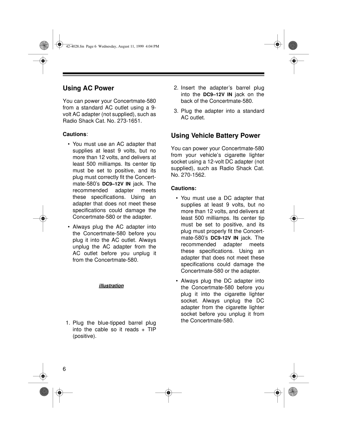 Radio Shack 580 owner manual Using AC Power, Using Vehicle Battery Power 