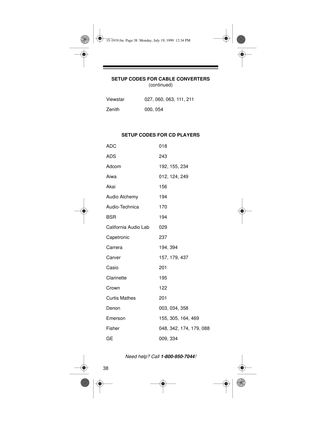 Radio Shack 6 IN 1 RF REMOTE CONTROL SYSTEM owner manual Setup Codes for CD Players, Adc, Ads 