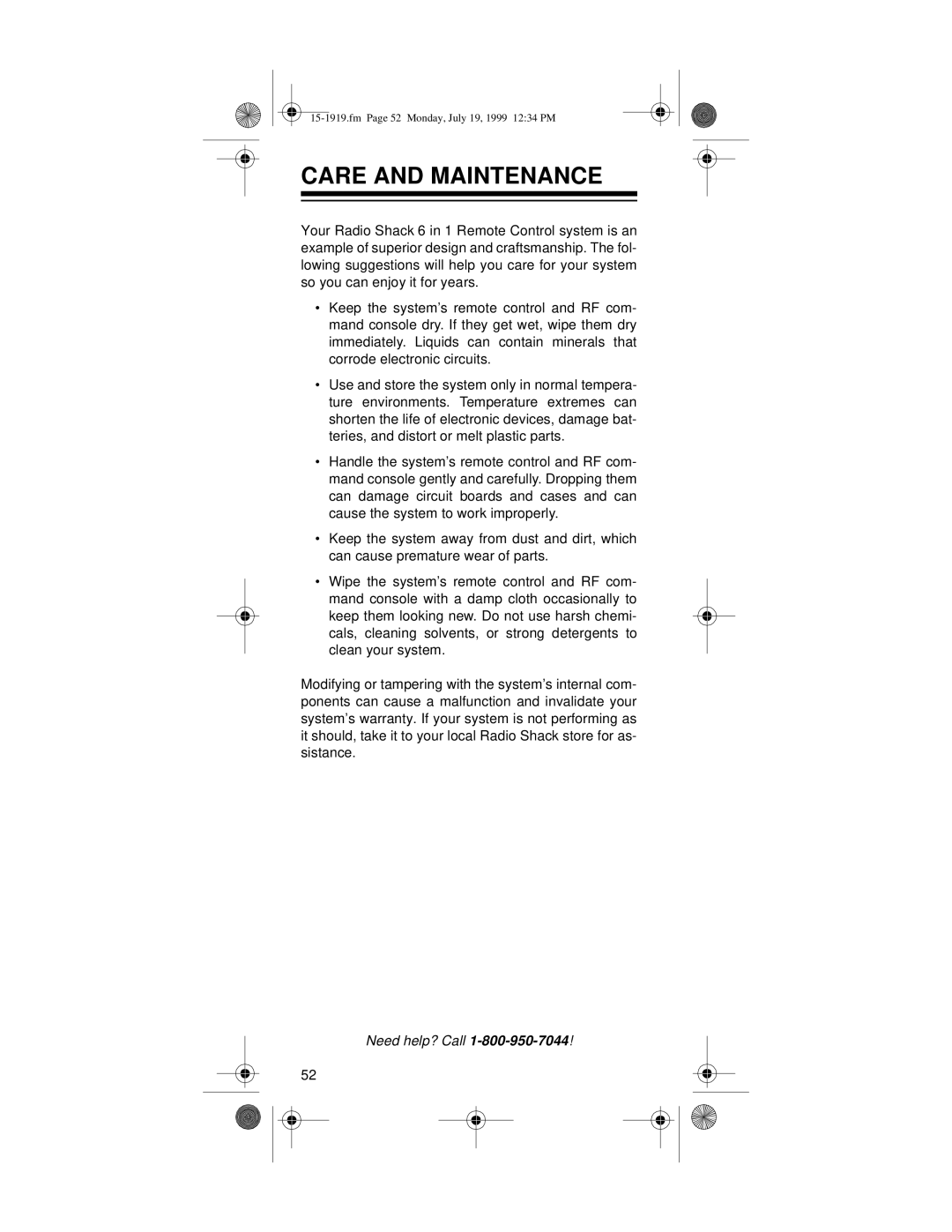 Radio Shack 6 IN 1 RF REMOTE CONTROL SYSTEM owner manual Care and Maintenance 