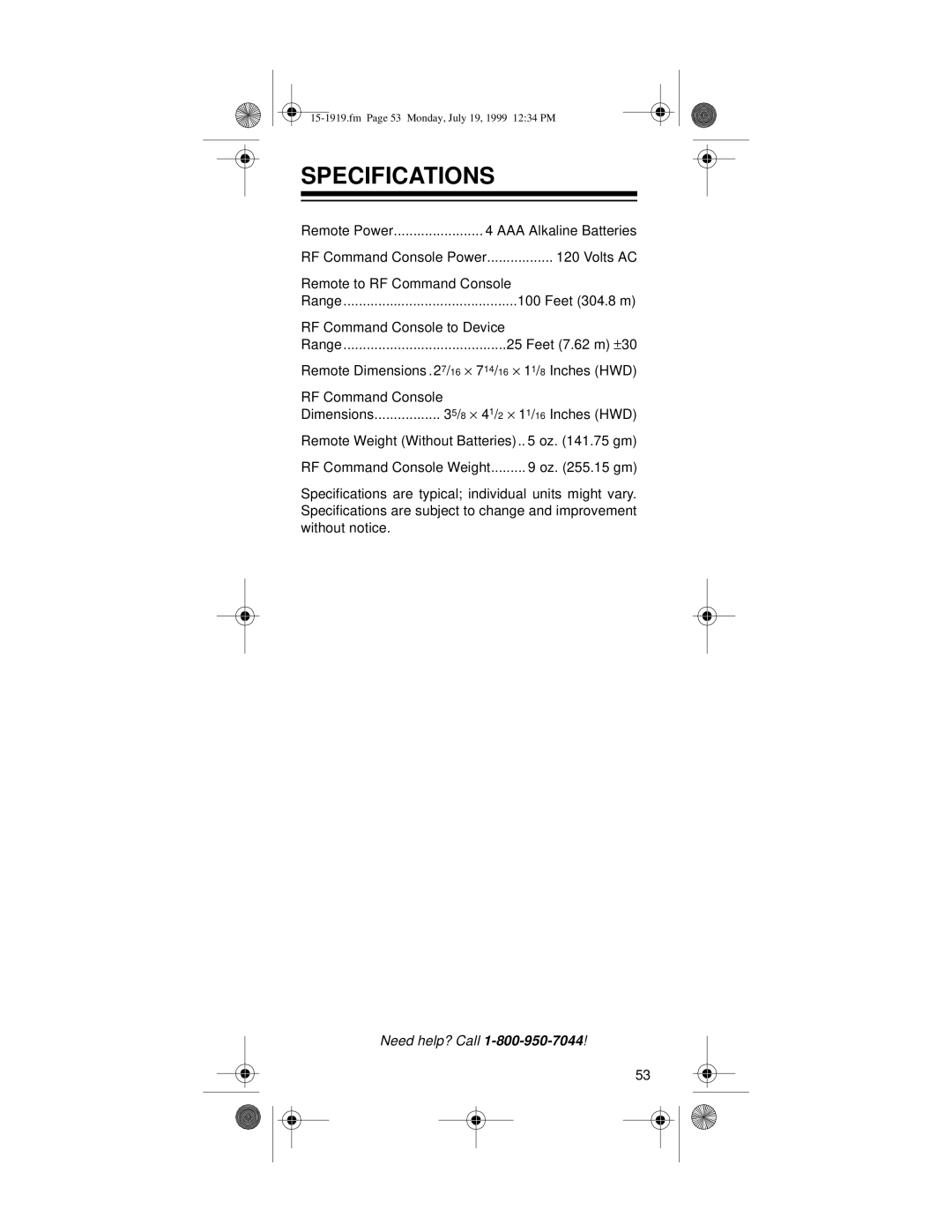 Radio Shack 6 IN 1 RF REMOTE CONTROL SYSTEM owner manual Specifications 