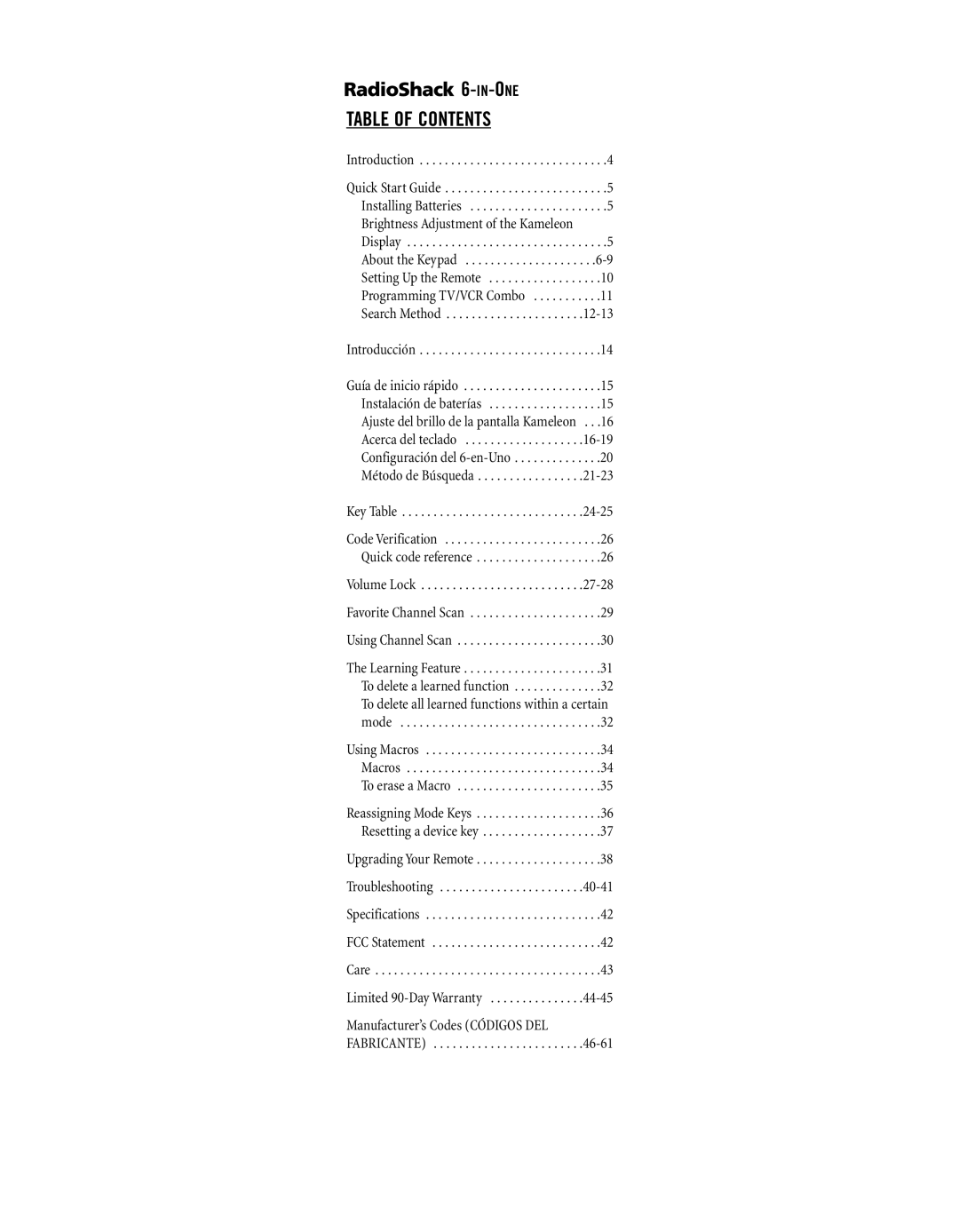 Radio Shack 6-IN-ONE TOUCHSCREEN REMOTE owner manual Table of Contents 