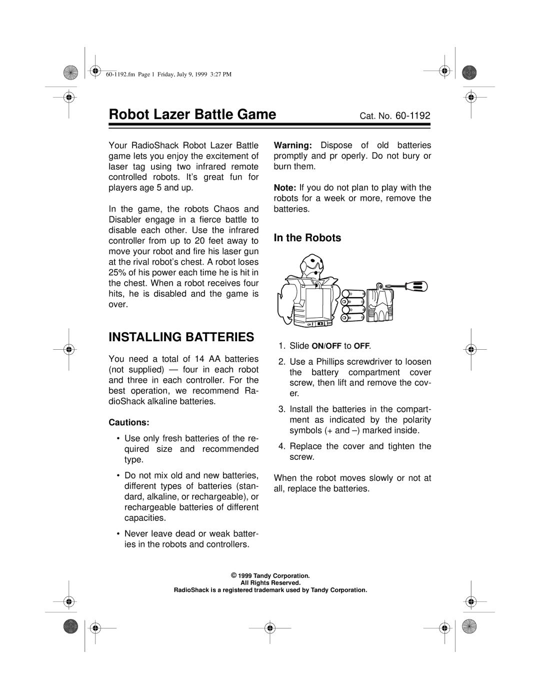 Radio Shack 60-1192 manual Robot Lazer Battle Game, Installing Batteries 