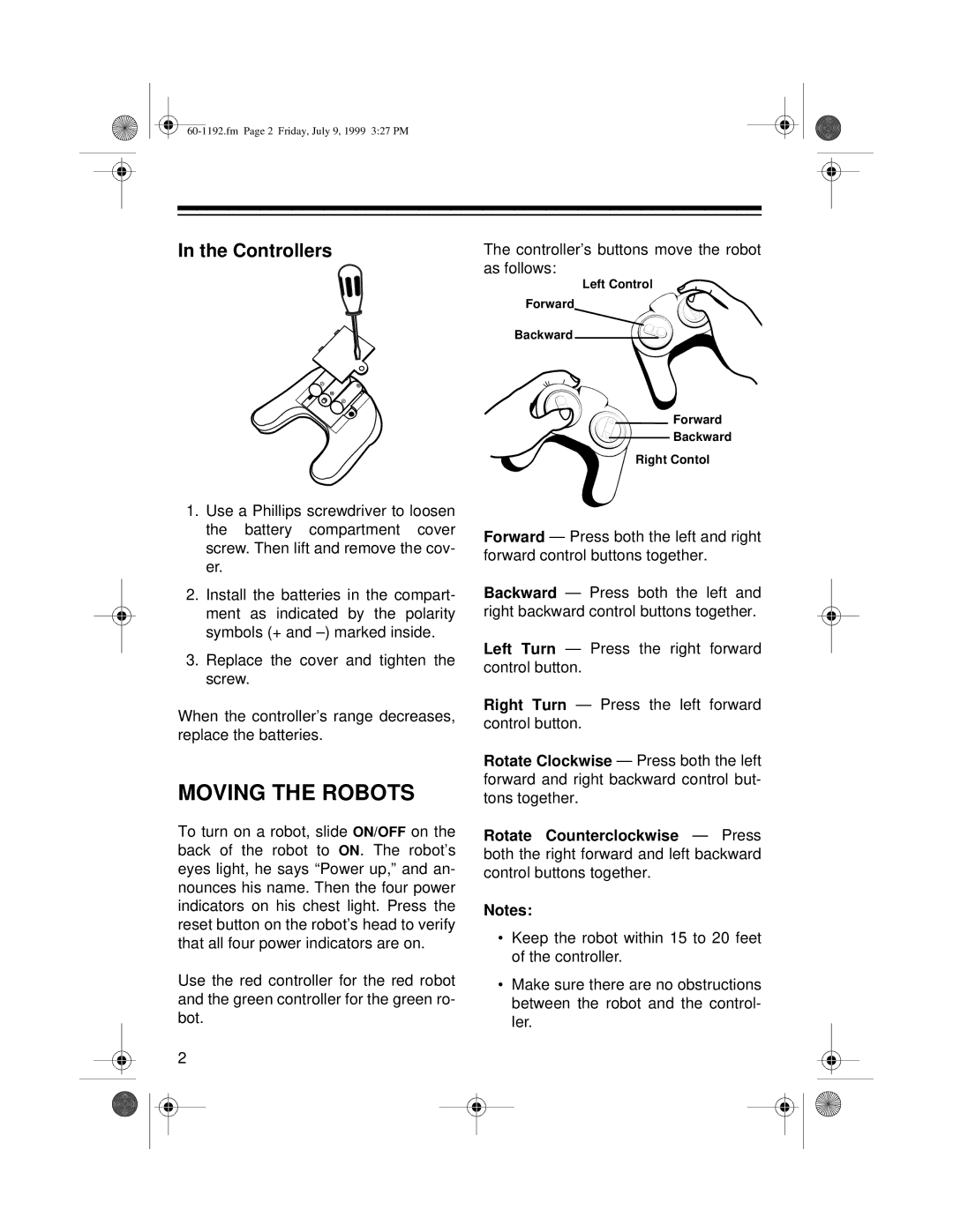 Radio Shack 60-1192 manual Moving the Robots, Controllers 