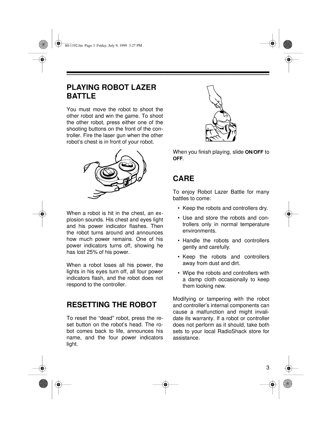 Radio Shack 60-1192 manual Playing Robot Lazer Battle, Resetting the Robot, Care 