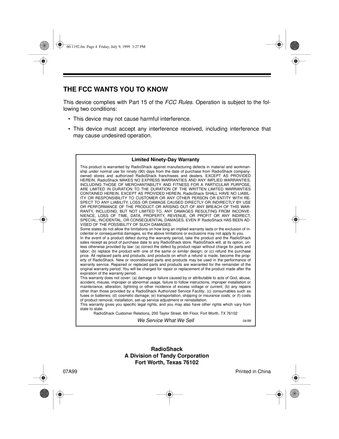 Radio Shack 60-1192 manual FCC Wants YOU to Know 