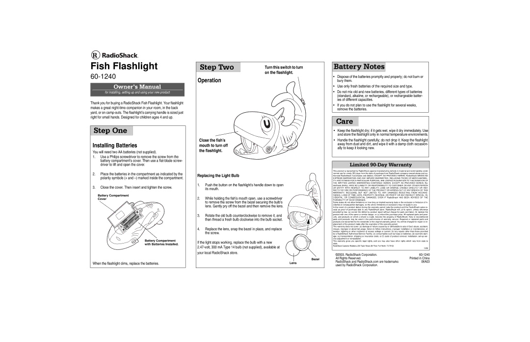 Radio Shack 60-1240 warranty 6WHS2QH, DWWHU\1RWHV, Duh, Installing Batteries, Operation 