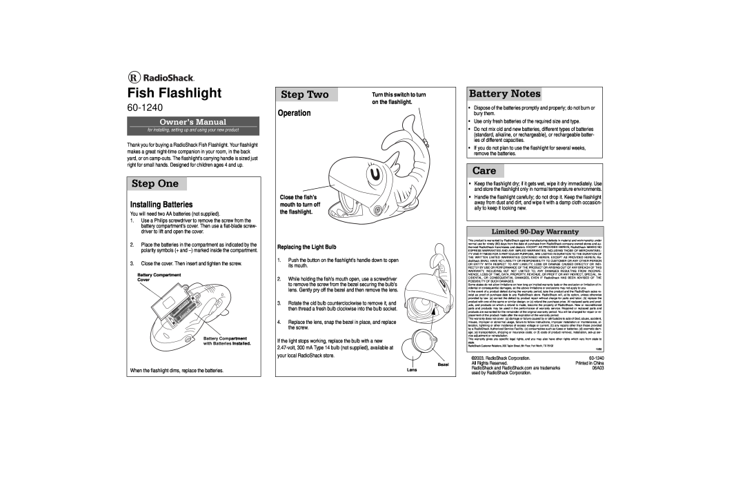 Radio Shack 60-1240 warranty Fish Flashlight, 6WHS2QH, DWWHU\1RWHV, Duh, 6WHS7ZR, 2ZQHU·V0DQXDO, Installing Batteries 
