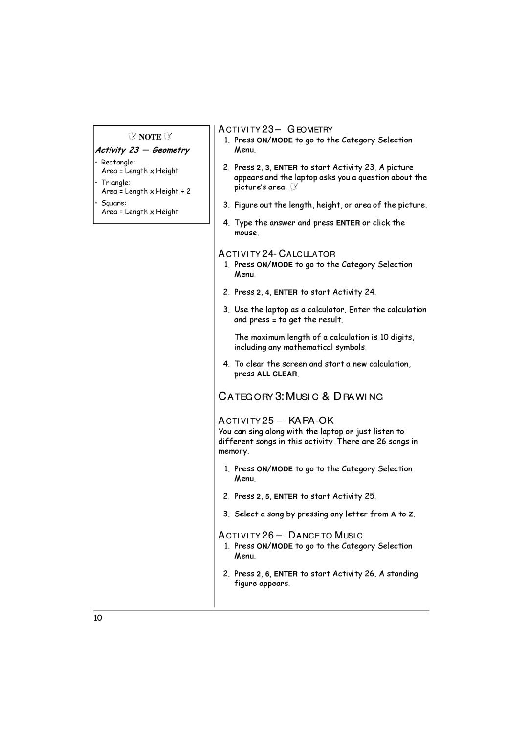 Radio Shack 60-2632 Category 3 Music & Drawing, Activity 23 Geometry, Activity 24- Calculator, Activity 26 Dance to Music 