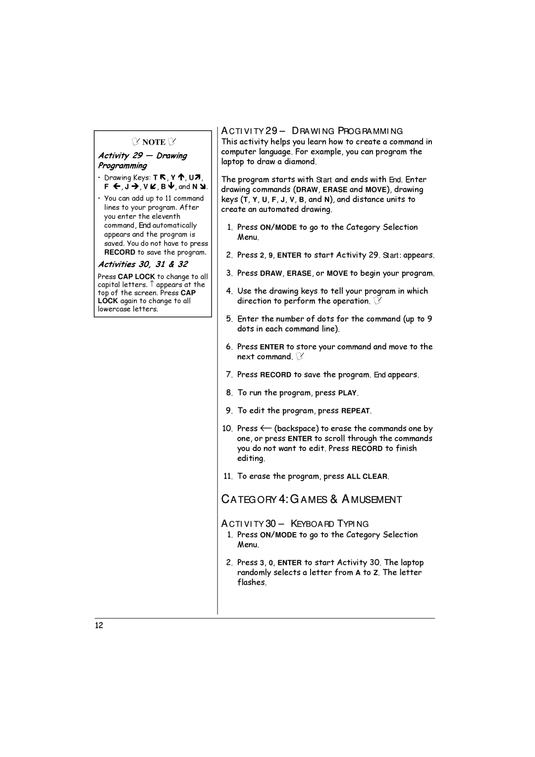 Radio Shack 60-2632 owner manual Category 4 Games & Amusement, Activity 29 Drawing Programming, Activities 30, 31 