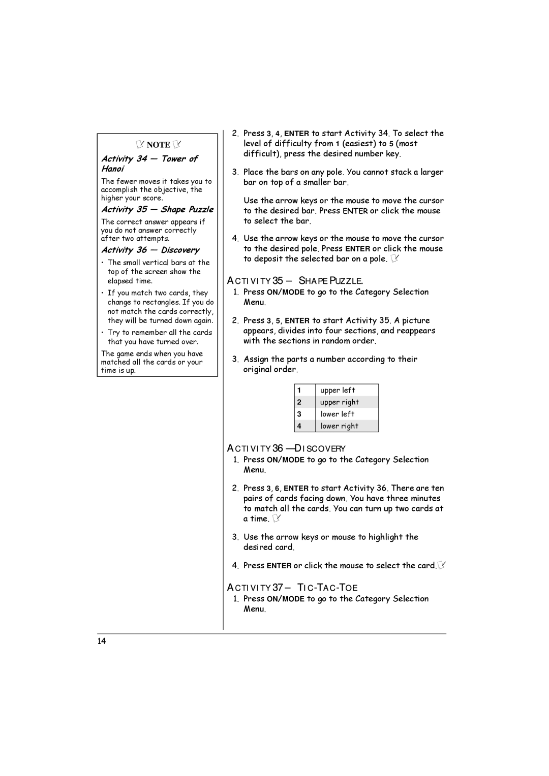 Radio Shack 60-2632 owner manual Activity 34 Tower of Hanoi, Activity 35 Shape Puzzle, Activity 36 Discovery 