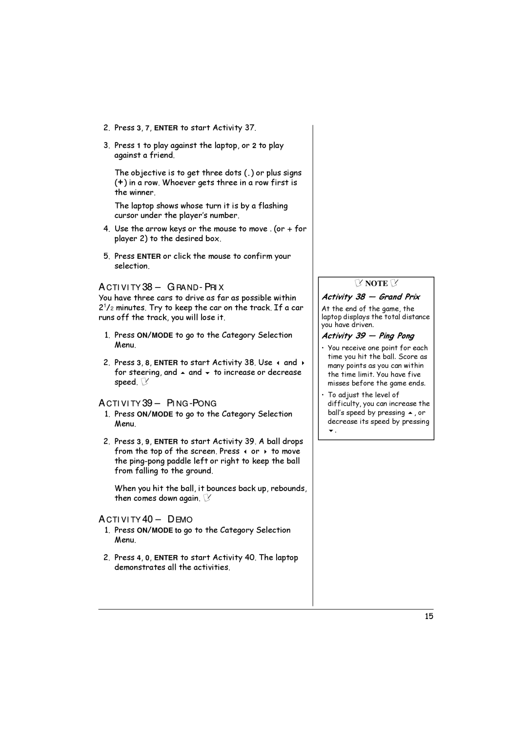 Radio Shack 60-2632 owner manual Activity 38 GRAND- Prix, Activity 39 PING-PONG, Activity 40 Demo, Activity 38 Grand Prix 