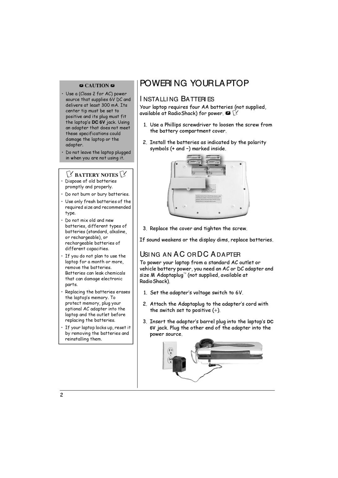 Radio Shack 60-2632 owner manual Powering Your Laptop, Installing Batteries, Using AN AC or DC Adapter 