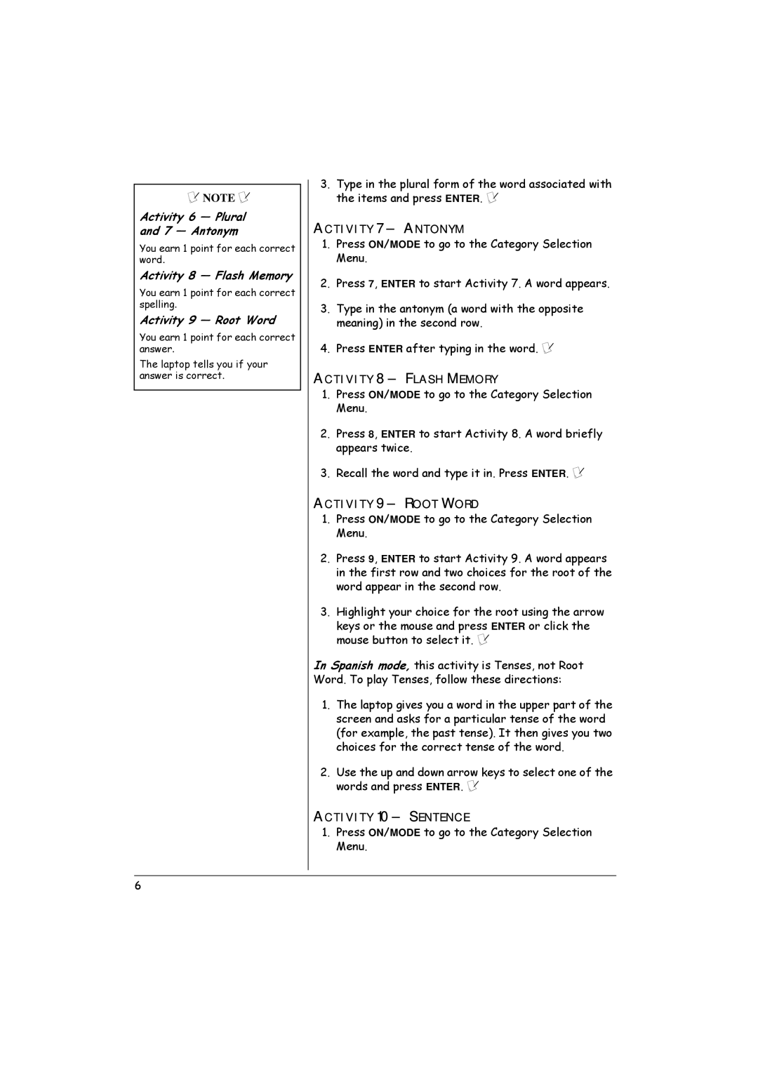 Radio Shack 60-2632 owner manual Activity 6 Plural and 7 Antonym, Activity 8 Flash Memory, Activity 9 Root Word 