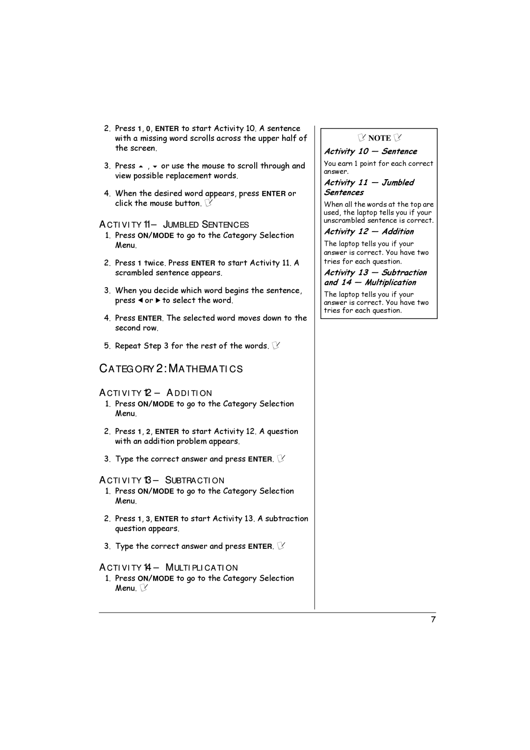 Radio Shack 60-2632 Category 2 Mathematics, Activity 10 Sentence, Activity 11 Jumbled Sentences, Activity 12 Addition 