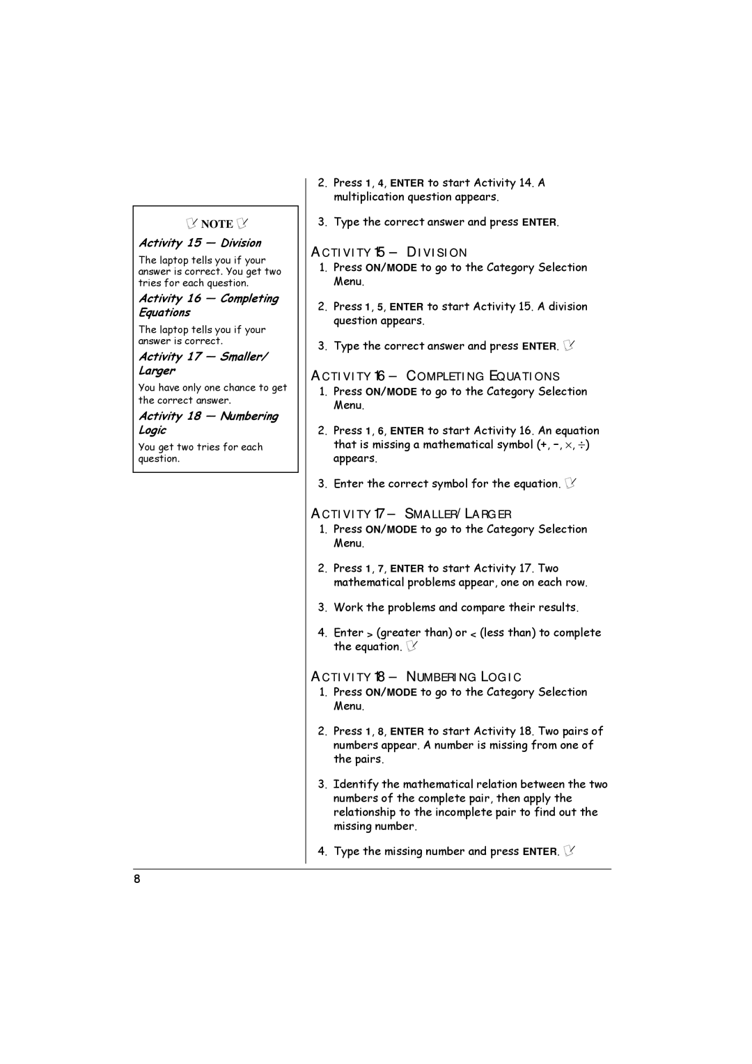 Radio Shack 60-2632 owner manual Activity 15 Division, Activity 16 Completing Equations, Activity 17 Smaller/ Larger 