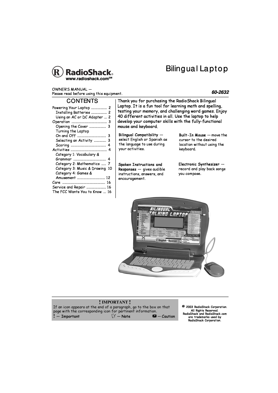 Radio Shack 60-2632 owner manual Bilingual Laptop, Contents, Owner’S Manual, Please read before using this equipment 