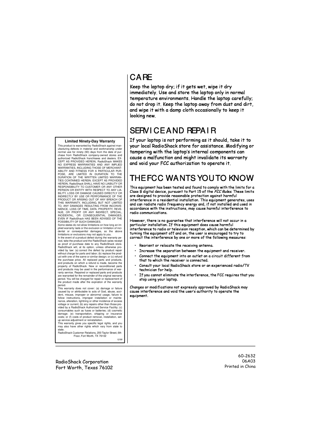 Radio Shack 60-2632 owner manual Care, Service And Repair, The Fcc Wants You To Know, 06A03, Printed in China 