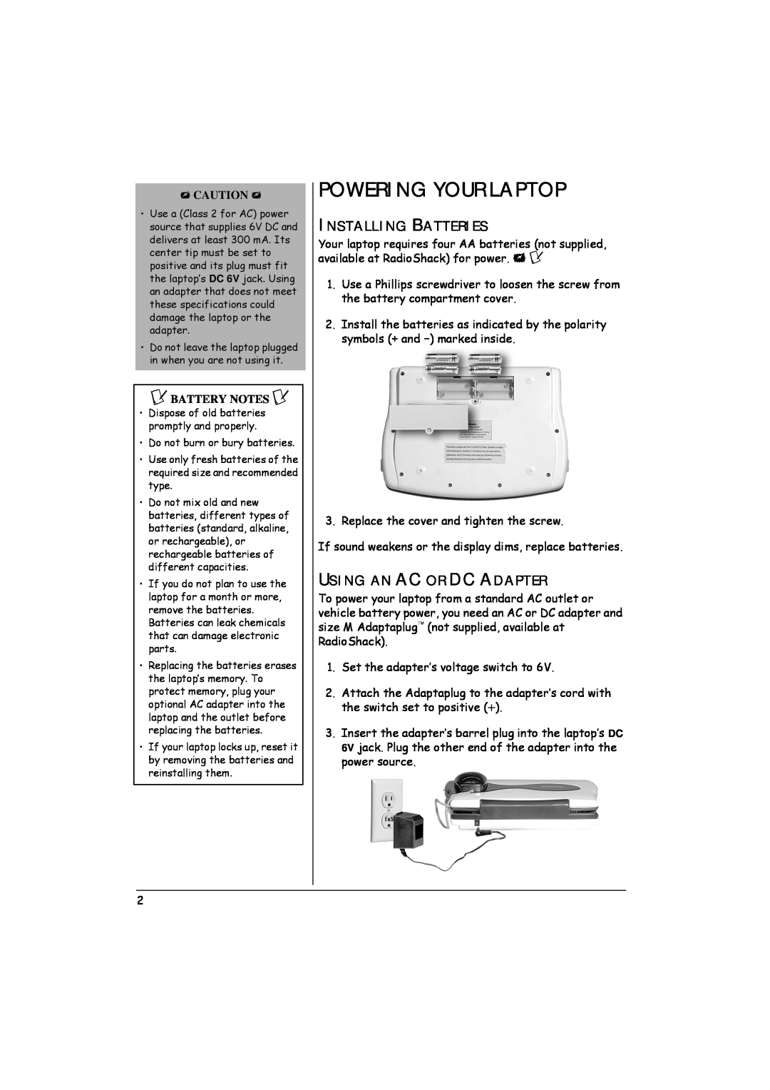 Radio Shack 60-2632 owner manual Powering Your Laptop, Installing Batteries, Using An Ac Or Dc Adapter, Ô Battery Notes Ô 